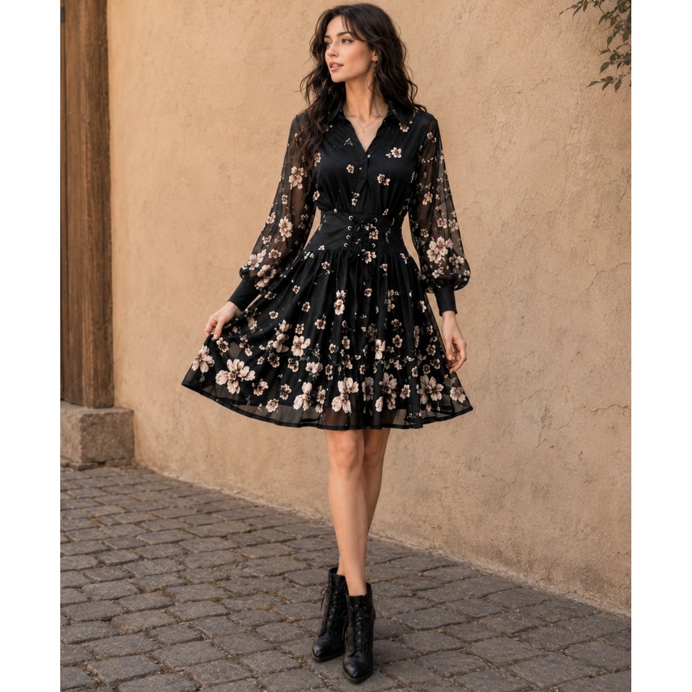 Ember Women's Black Floral Romantic Corset Dress Large NWT Sheer Whimsygoth